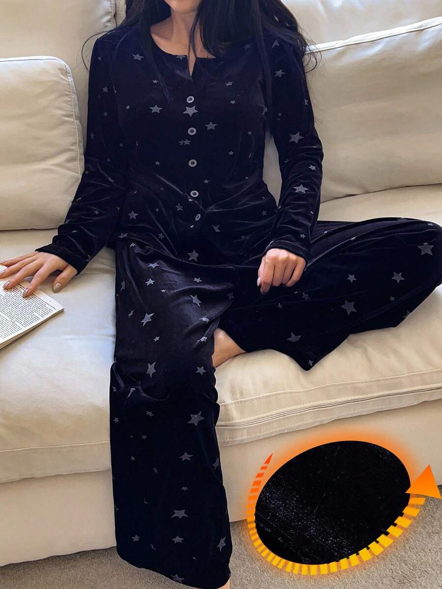 DAZY 2pcs Women Star Print Velvet Long Sleeve Cardigan Pajama Set, Autumn/Winter - Navy Blue - View 1