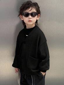 Dazy Kids 幼儿男童宽松V领开衫夹克，休闲纹理面料，秋季 - 黑色 - 查看 5