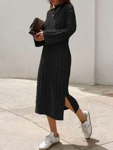 EURMUSE Vestido largo de punto para mujer con diseño de trenzado - Negro - Ver 4