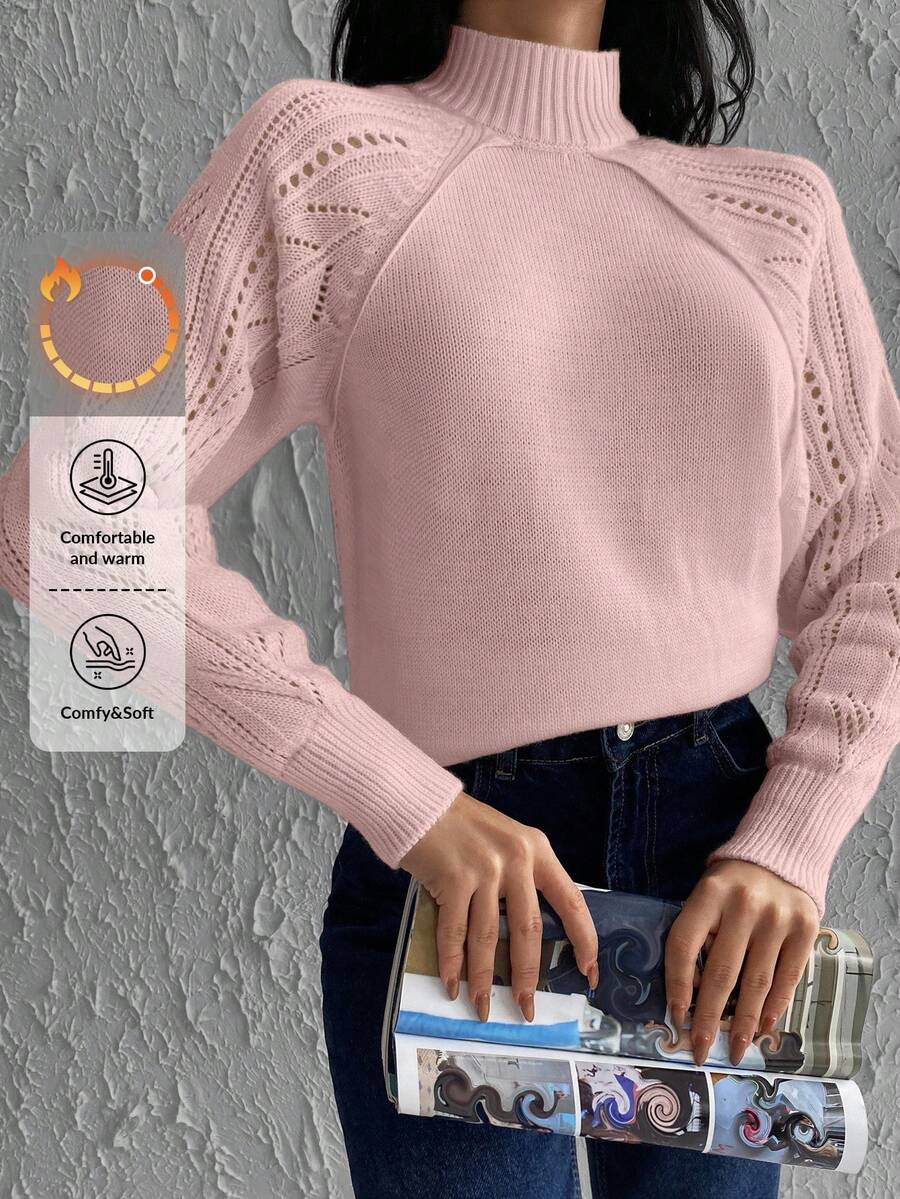 SHEIN Cottnline Mock Neck Pointelle Knit Raglan Sleeve Sweater - Pink - View 1