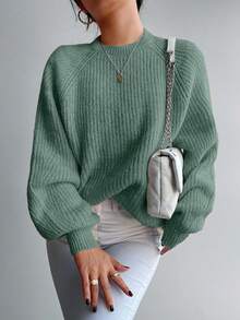RueChic Solid Ribbed Knit Lantern Sleeve Sweater - Màu xanh nhạt - Xem 5