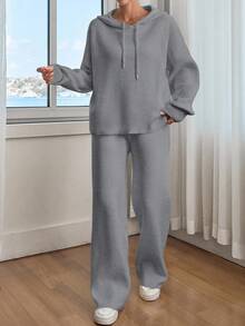 EURMUSE Conjunto de sudadera con capucha de hombros caídos y pantalones de unicolor para mujer - Gris - Ver 5