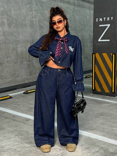 Slaydiva เสื้อเชิ้ตเดนิมสีน้ำเงินกรมท่าสำหรับผู้หญิงอวบ, สง่างามและอ่อนเยาว์