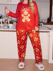 SHEIN Conjunto de Pijama Plus Size com Estampa Colorblock de Pessoa Doce de Natal para Mulheres, Pijama de Biscoito de Gengibre Vermelho de Natal, Conjunto de Pijama Vermelho de Natal, Roupas de Outono e Inverno para Mulheres - Multicolorido - Visão 6