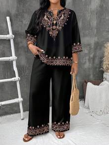 EMERY ROSE 2pcs Plus Size Faux Embroidered Floral Print Shirt & Pants Set