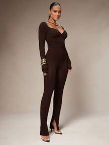 Silquee Women's Fashionable Party Solid Color Bodysuit - Coffee Brown - View 6
