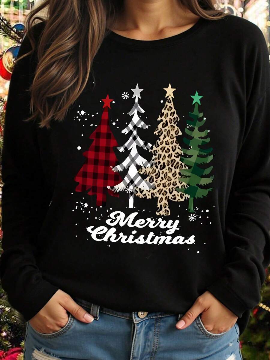 EMERY ROSE Camiseta de Natal Plus Size, Camiseta com estampa de streetwear Plus Size, Blusa casual e confortável, Clima de férias - Preto - Ver 1