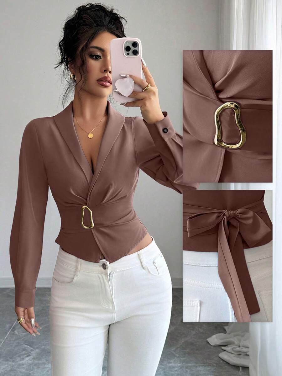 Elenzga Women's Solid Color Shawl Collar Long Sleeve Metal Waist Design Fashion Shirt - Brown - View 1