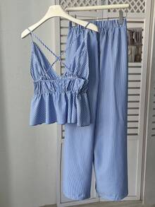 Franclia Plus Size Striped Camisole And Striped Pants 2 Pieces Set - Blue - View 2