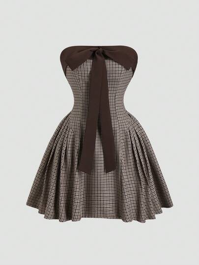 Sweetra Autumn/Winter New Vintage Sexy Slim Fit Bowknot Color Block Houndstooth Casual Comfortable Swing Dress, Brown
