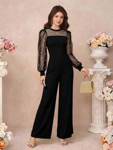 Pitira 少女针织撞色网眼串珠圆领长袖连体裤 - 黑色 - 查看 1