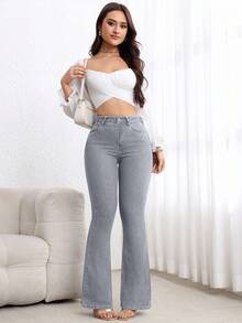 SHEIN PETITE Women's High Waist Pockets Casual Versatile Flare Leg Jeans Flare Jeans Women Jeans Women High Waist Gray Jeans Pants Flare Leg - Grey - View 6