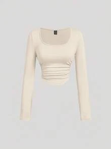 SHEIN MOD 3件套女士褶皱休闲方领长袖T恤套装，保暖衣物，秋季，外出上衣，假日，新年 - 彩色 - View 8