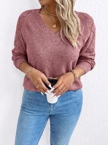 SHEIN LUNE Áo len tay dài cổ chữ V in hoa thoải mái, size lớn - Đỏ - Xem 3