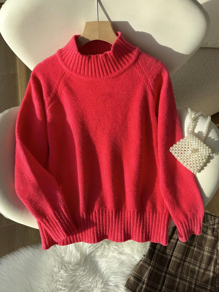 SHEIN 女童超大立领毛衣,红色百搭柔软面料,适合搭配各种衣服,秋冬必备,半立领长袖宽松版型,适合圣诞节、节假日和日常穿着 - 紅色 - 查看 1