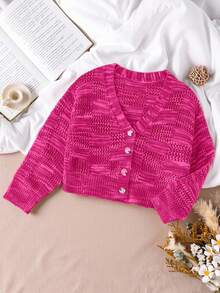 SHEIN Playful Pals 年轻女孩开衫，时尚新款可爱手工花卉针织长袖毛衣外套，秋冬 - 玫紅色 - 查看 3