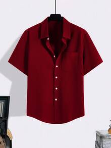 Manfinity LEGND 大码男士纯色短袖单排扣休闲口袋衬衫 - 紅色 - 查看 3