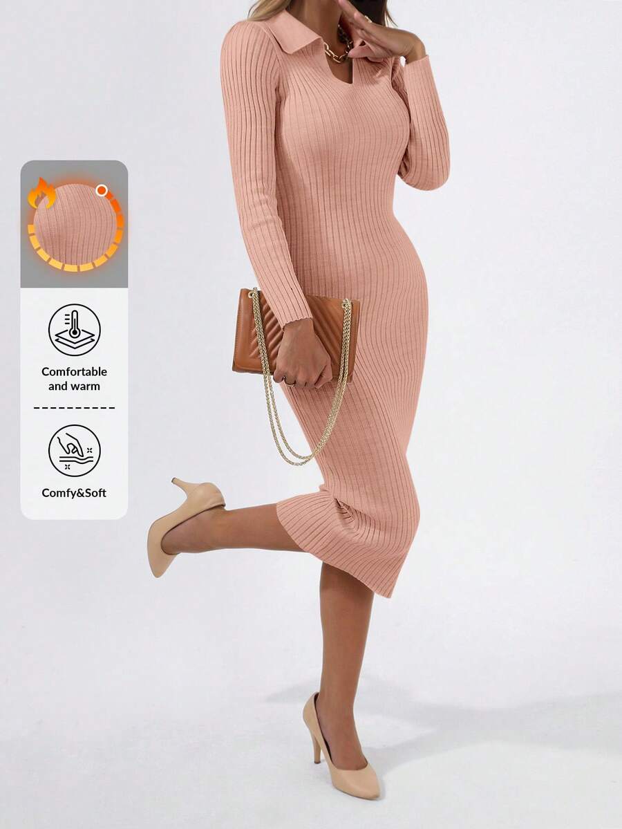 Cloudara Solid Ribbed Knit Sweater Dress - Dusty Pink - View 1
