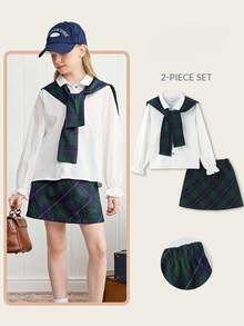 Joliand Joliand 2pcs Tween Girls Elegant College Style Set - White Puff Sleeve Collared Blouse And Green Plaid A-Line Skirt, With Green Plaid Shawl Included. Suitable For Outings, Gatherings, Back To School, Summer And Autumn Preppy Girl Clothes Preppy Tween Girls Sets School Girl Outfit For Women Plaid Skirt Outfit Girls School Uniform Teenage Vintage School Clothes Plaid Skirt Outfits Back To School  School  Clothes School Supplies Backtoschool ColorfulJoy Fall Winter - Multicolor - View 2