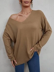 SHEIN Cottnline V Neck Drop Shoulder Jumper - Beige - View 5