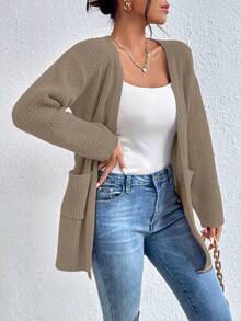 EURMUSE Dual Pocket Drop Shoulder Open Front Cardigan - Light Grey - View 5