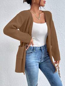 EURMUSE Cardigan de hombros caídos con doble bolsillo - Óxido marrón - Ver 4