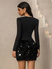 Vowa 优雅奢华性感长袖丝绒深V流苏羽毛紧身迷你连衣裙，适合晚宴、展览、商务活动、女士派对、网纱连衣裙、晚礼服 - 黑色 - 查看 5