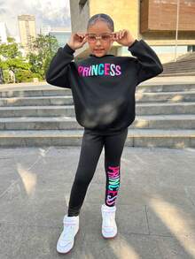 SHEIN 少女休闲街头风彩色字母印花保暖宽松连帽衫和修身运动裤套装，冬季舒适运动套装，少女Y2K风格运动服套装 - 黑色 - 查看 6