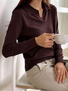 DAZY 女式纯色高领长袖休闲商务套头衫，秋冬 - 紅木色 - 查看 3