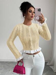 Elenzga Women's Autumn New Knitted Fitted Crew Neck Ruffle Cuff Short Cardigan With Metal Button Design, Sweet For Valentine's Day Date, Versatile - Beige - View 4