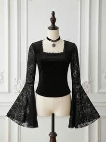 ROMWE EDITION 优雅天鹅绒蕾丝喇叭袖女式T恤 - 黑色 - 查看 1