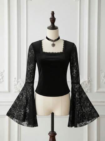 EDITION Elegantes Samt-Spitzen-Trompetenärmel Damen T-Shirt