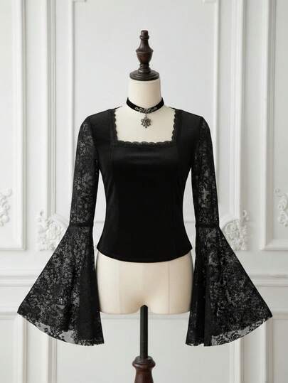 ROMWE EDITION 优雅天鹅绒蕾丝喇叭袖女式T恤