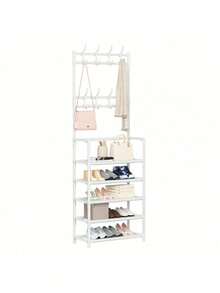 1pc Entry Coat Rack, 23.62" Wide Entryway Shoe Rack, Free Standing Clothes Hanger With 4/5 Tier Storage Shelves And 8 Double Hooks, Organizer For Living Room, Bathroom, Hallway (Self-Assembly Required)