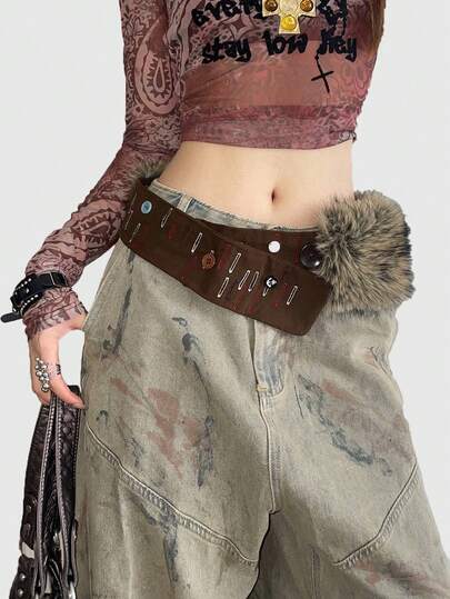 1pc Y2K Vintage Faux Fur Belt Handmade Sequin Button Wide Belt Gothic Streetwear Festival Party Belt