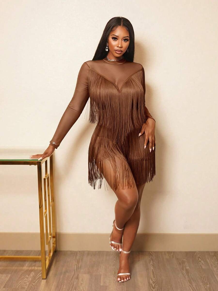 BamGleam Ladies Fashion Sexy Black Crewneck See-Through Mesh Long Sleeve Fringe Dress, Suitable For Latin Dance Dress, PROM, Party, Party - Brown - View 1