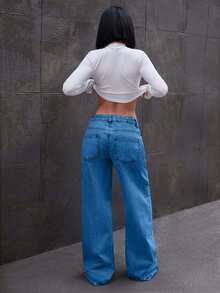 EURMUSE Jean taille basse à jambes larges avec détails de nœud - Bleu azur - Voir 2