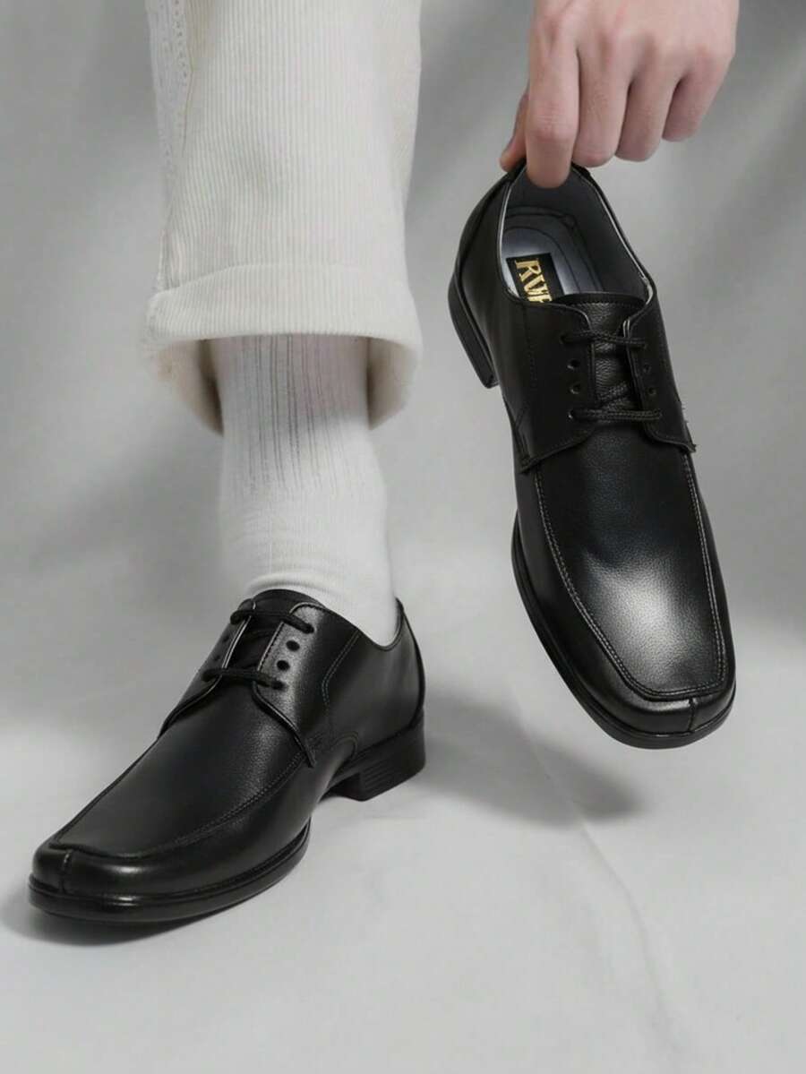 Hombre zapato formal clásico punta cuadrada cordones tacón bajo elegante oficina boda calzado social - Negro - Ver 1