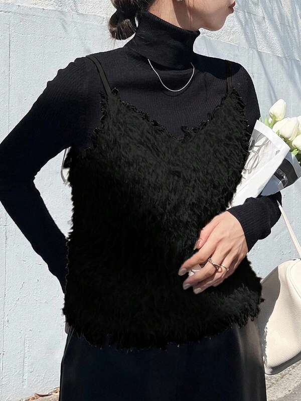 FRIFUL Women's Solid Beige Fuzzy Fabric Layered Slim Fit Camisole, Versatile For Airport Travel Outfit, Autumn