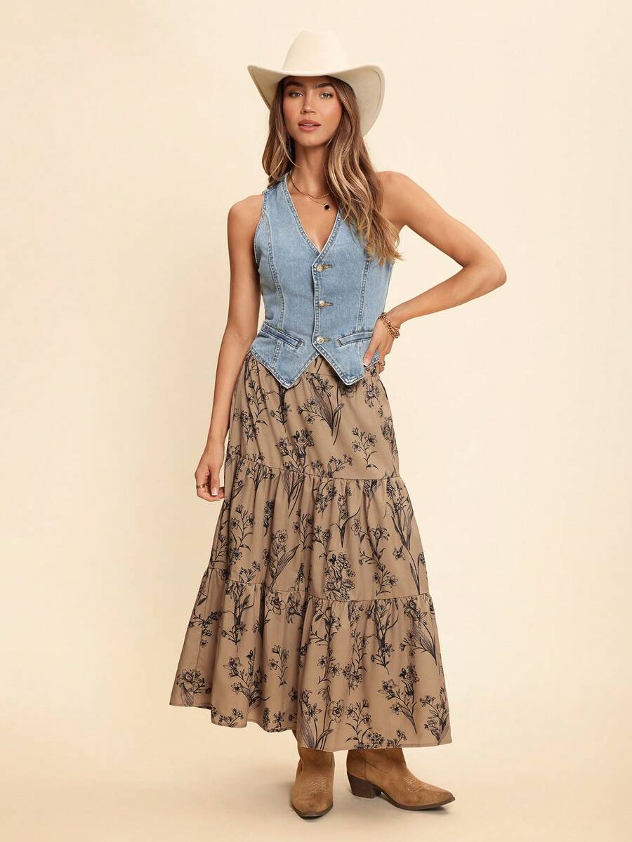 Coeurva Resort Style High Waist Loose Fit Botanical Printed Multi-Layered Ruffled Ruffle Hem Women Skirts - Brown - View 1
