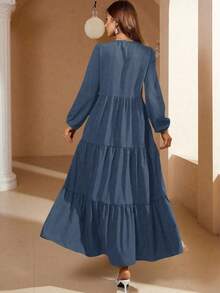 Mulvari Tie Neck Lantern Sleeve Ruffle Hem Dress Maxi Women Outfit - Dusty Blue - View 2