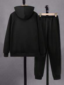 2pcs/Set Casual Quilted Pocket Splice Hoodie Jacket And Drawstring Pants Set For Teenage Boys, Suitable For Autumn/Winter Daily Commute, Leisure Outings, And School Wear