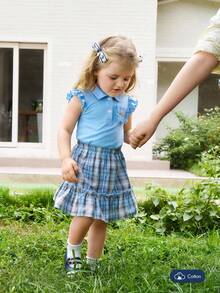 Joliand Joliand 2 件套女婴优雅都市可爱蓝色动物印花口袋 Polo 衫和蓝色格子迷你裙套装，适合日常休闲、外出、聚会、派对、夏季 - 彩色 - 查看 2