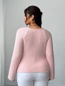 Elenzga Women's Regular Pink Casual Elegant Comfortable Temperament Solid Color Mink Chic Fur Deep V Neck Slim Fit Raglan Long Sleeve Metal Special-Shaped Ring Buckle Decoration Date Daily Party Plus Size Knitted Stretch SexyKnit Pullover Korean Style Top, Spring Fall Winter