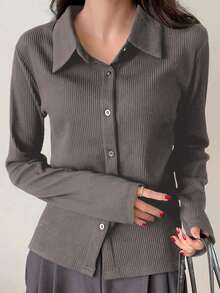 DAZY Women's Solid Color Front Button Casual Long Sleeve T-Shirt - Grey - View 3