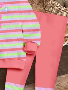 Cute Colorful Macaron Striped Pattern Pullover, Sweet Smiling Face Floral, Pastel Color, Tracksuit, Fall Clothes For Baby Girl, Soft Thick Knit Crew Neck Long Sleeve Sweatshirt And Leggings Set, Suitable For Autumn/Winter - Multicolor - View 8
