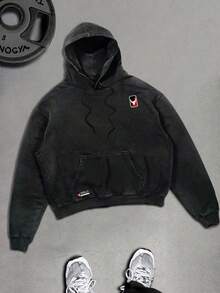 Sport MetroGents 1件男士休闲时尚街头字母篮球印花水洗口袋抽绳卫衣，春秋季 - 黑色 - 查看 3