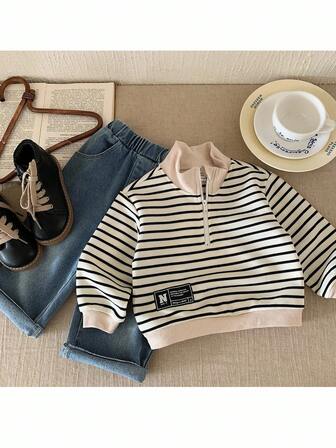 2pcs Baby Boy Casual Outfit Set: Striped Collar Casual Top + Fashionable Loose Pants