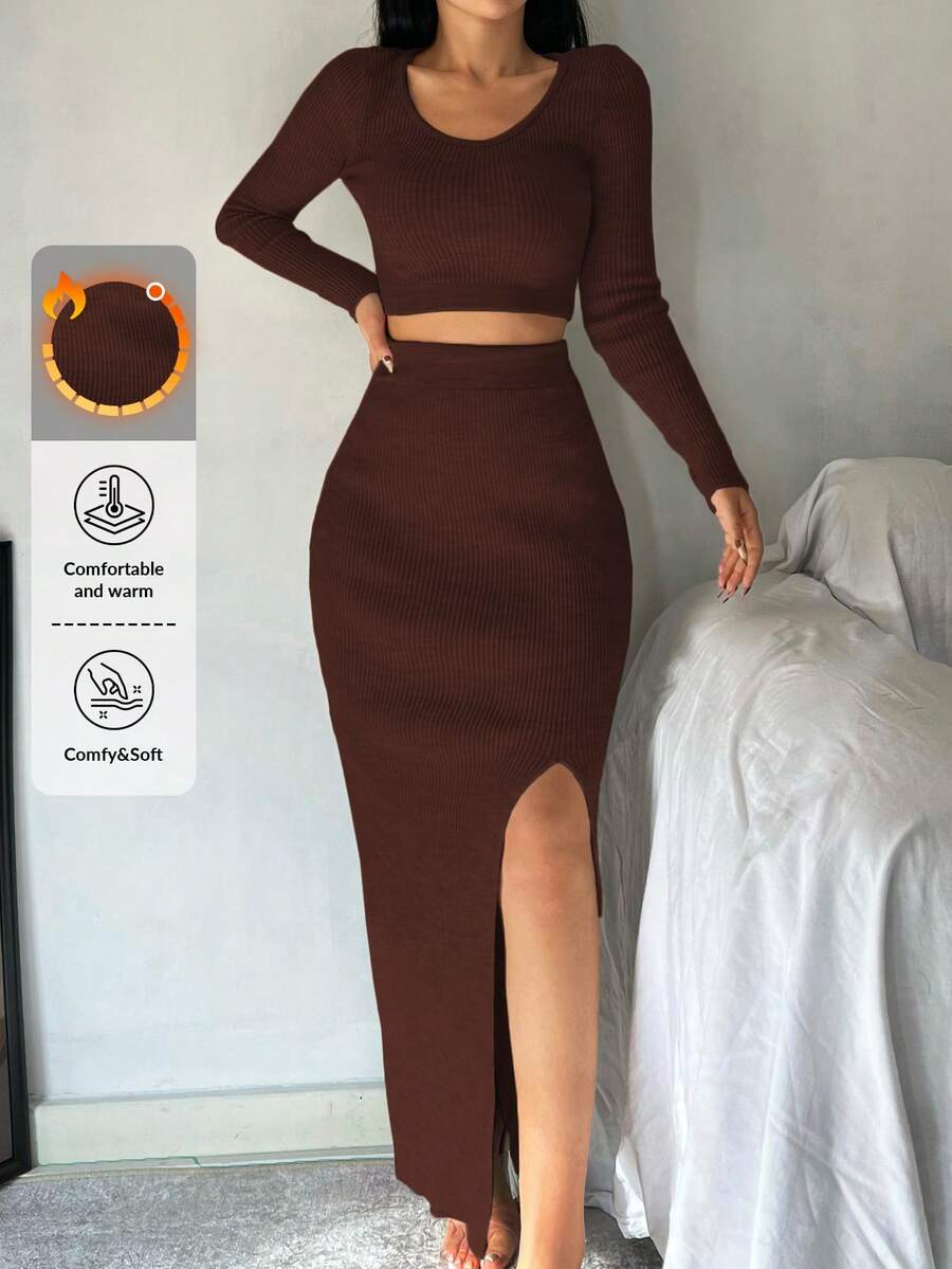 RueChic 2pcs/Set Women Solid Color Long Sleeve Top And Front Slit Skirt - Chocolate Brown - View 1