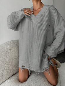 EURMUSE Women'S Drop Shoulder Sweater - Grey - View 5